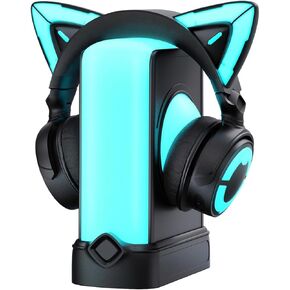 YOWU RGB Cat Ear Headphones CE Black and Crystal Headphone Stand Black, Accessories for The Ultimate Experience