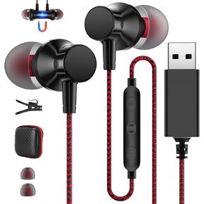 USB Earbuds for PC,USB Headset with Microphone Computer Headphones, 3.9ft Wired in Ear Earphones with Volume Control Mute for HP Dell Laptop for Chromebook for Surface Zoom Meetings,Black Red