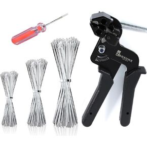 Metal Zip Ties & Cable Tie Gun Set, 300PCS 6+8+11.8 Inch 304 Stainless Steel Heavy Duty Self-locking Zip Ties & Stainless Steel Tie Gun for Exhaust Wrap, Fences, Pipes, Chain Links