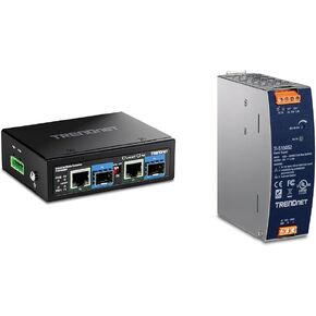 TRENDnet Bundle 2-Port Industrial SFP to Gigabit PoE++ Media Converter, TI-BF22SFP, TRENDnet 150W, 52V DC, 2.89A AC to DC DIN-Rail Power Supply, TI-S15052