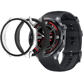 for OnePlus Watch 3 Case,[2 Pack] Hard PC Case with Tempered Glass Screen Protector,Ultra-Thin Scratch Resistant Cover for OnePlus Watch 3-Clear+Black