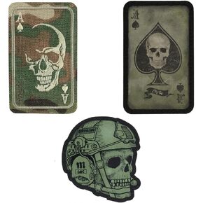 Tactical Morale Patch Trio: M-Tac Ace of Spades, Operator Skull, and Face of War - Army Combat Hook Fasteners in Olive, Black, and Multicam.