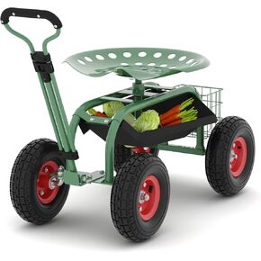 Garden Cart with Seat On Wheels Rolling Gardening Stool with Wheels Heavy Duty for Planting with 360 Degree Swivel Seat Steering Handle & Utility Tool Tray