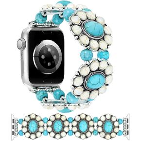 JR.DM Boho Beaded Bracelet Compatible with Apple Watch Women 38/40/41/42/44/45/46/49mm Bohemian Elastic Stretchy Turquoise Classic Handmade Straps for iWatch Series 10 9 8 7 6 5 4 3 2 1 SE Ultra