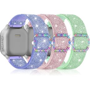 3PC Bands Compatible with Gizmo Watch 3 Adventrue 3 2 1 Disney/Gabb Watch 3e 3 2 1/SyncUP/Cosmo/AT&T amiGO Jr Watch,20mm Stretchy Sparkly Bling Nylon Straps for Kids,Purle+Pink+MintGreen