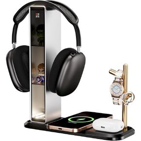 Headphone Stand for Airpod Max with 3-Tier Display Box & Adjustable Light Modes, with 10W Wireless Charging Station for iPhone, Universal Desktop Headset Stand for AirPods Max, Bose, Beats and More