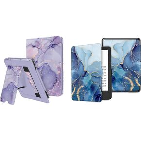 Fintie Case for 6" Kindle 11th Generation 2024/2022 - Lilac Marble PU Leather Stand Cover with Card Slot and Hand Strap + Ocean Marble Slim Lightweight Case