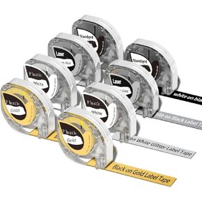 P12 Label Maker Tape,8-Pack Labels Tape Compatible with DYMO LetraTag 100H LT-100T Plus LT-110T 200B Replacemant for Phomemo Zodzi Label Maker, 1/2 Inch x 13 Ft (12mm x 4m), Black on Gold/Silver ect