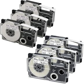 3 x White + 3 x Clear 9mm Casio Label Tapes Replacement for Casio XR-9WE2S XR-9X2S Labeling Tape for Casio KL-120, KL-60, KL-100, KL750B, KL750, KL7200 ez Label Printer