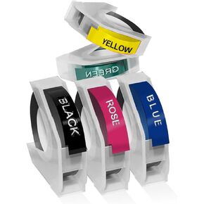 Embossing Label Tape Replacement for Dymo Embossing Label Tape 3/8 Inch 3D Plastic for Dymo Organizer Xpress Tape 1540 1550 1570 Office Mate II 12965 DYM12966 Embossed Labels (5-PK BK/R/Y/G/Blue)