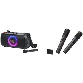 Bundle of JBL PartyBox On-The-Go Essential + JBL PartyBox Wireless Mic - 2X Digital Wireless Microphones, Rechargeable Battery, Compatible with All PartyBox Speakers (Black)