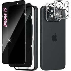 【2+2】 2 Pack for iPhone 15 Privacy Screen Protector and 2 Pack Camera Lens Protector,[HD][Eye protection] Tempered Glass Film