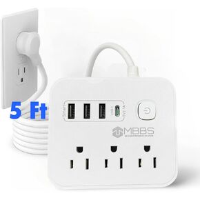 Power Strip with USB 7-in-1, 3 AC Outlets, 3 USB Ports, 1 USB-C, 5 ft Extension Cord, Surge Protector