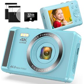 4K 44MP Digital Camera with 2 Batteries 16X Digital Zoom with 32GB SD Card for Photography, Autofocus Portable Mini Camera for Kids, Boys, Girls