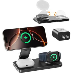 3-in-1 Foldable Wireless Charging Station,15W Qi2-Certified Wireless Charger for Magsafe iPhones,3 in 1 Magnetic Charger Stand for iPhone 16/15/14/13/12, Apple Watch and Airpods .(30W Adapter Include)