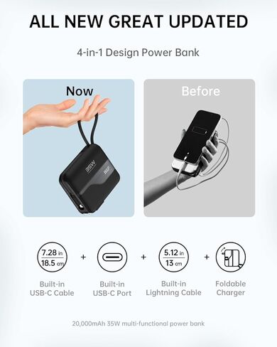 شاحن محمول W&P 4 في 1 بقوة 20.000 مللي أمبير في الساعة بقدرة 35 وات للشحن السريع مع USB-C وكابل Lightning ومقبس تيار متردد قابل للطي لهاتف iPhone 16/15/14/13 وSamsung Android وiPad AirPods والكمبيوتر المحمول، رمادي أبيض in Kuwait