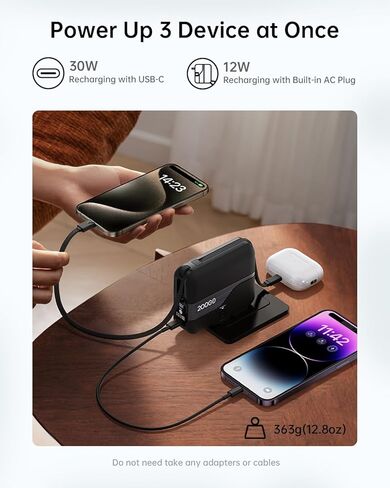 شاحن محمول W&P 4 في 1 بقوة 20.000 مللي أمبير في الساعة بقدرة 35 وات للشحن السريع مع USB-C وكابل Lightning ومقبس تيار متردد قابل للطي لهاتف iPhone 16/15/14/13 وSamsung Android وiPad AirPods والكمبيوتر المحمول، رمادي أبيض in Kuwait
