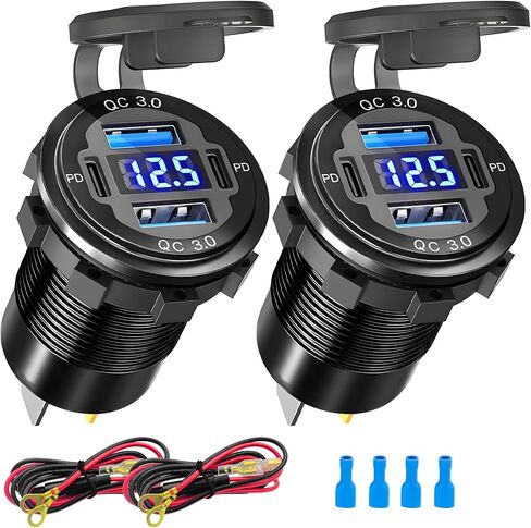 12 فولت USB شاحن ، 12 فولت USB 4-منفذ سبيكة الألومنيوم USB C مع LED Voltmeter ، مزدوج PD3.0 و QC3.0 ل 12/24 فولت CAR GOLF CART BOAT MARINE BUS STARCEL in Kuwait