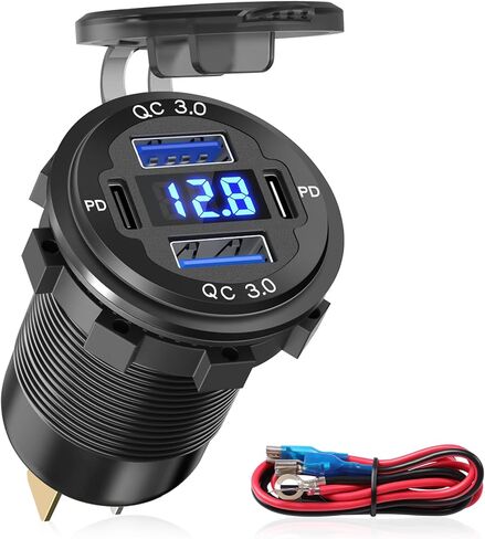 Depvko 12V USB Outlet, 78W 4 Port Aluminum Car Charger USB C Dual 30W PD & Dual QC3.0 Car Adapter with LED Voltmeter, Waterproof 12/24 Volt Charger Socket for Boat Marine Bus Truck Golf RV Motorcycle in Saudi Arabia