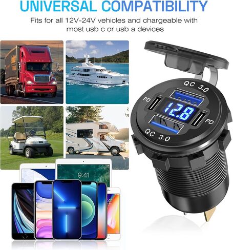 Depvko 12V USB Outlet, 78W 4 Port Aluminum Car Charger USB C Dual 30W PD & Dual QC3.0 Car Adapter with LED Voltmeter, Waterproof 12/24 Volt Charger Socket for Boat Marine Bus Truck Golf RV Motorcycle in Saudi Arabia