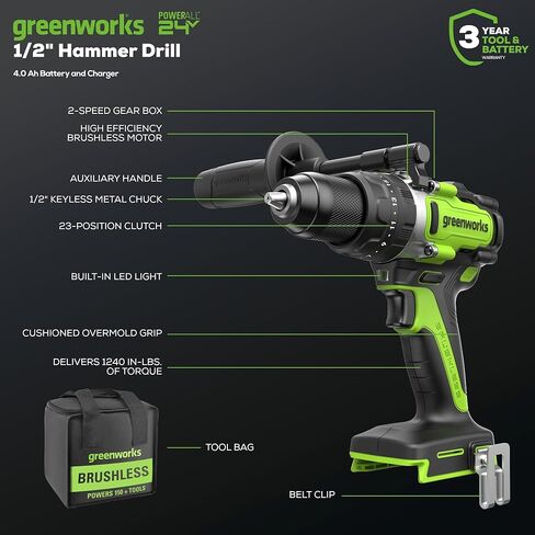 Greenworks 24V Brushless 1/2" Hammer Drill (Metal Chuck /1240 in.-lbs. /23 Clutch Position/28,000 BPM/LED Light), Tool Only in Kuwait