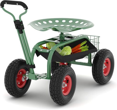 Garden Cart with Seat On Wheels Rolling Gardening Stool with Wheels Heavy Duty for Planting with 360 Degree Swivel Seat Steering Handle & Utility Tool Tray in Saudi Arabia