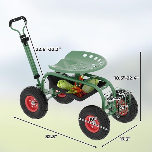 Garden Cart with Seat On Wheels Rolling Gardening Stool with Wheels Heavy Duty for Planting with 360 Degree Swivel Seat Steering Handle & Utility Tool Tray in Saudi Arabia