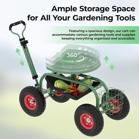 Garden Cart with Seat On Wheels Rolling Gardening Stool with Wheels Heavy Duty for Planting with 360 Degree Swivel Seat Steering Handle & Utility Tool Tray in Saudi Arabia