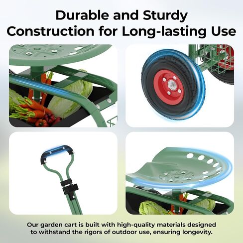 Garden Cart with Seat On Wheels Rolling Gardening Stool with Wheels Heavy Duty for Planting with 360 Degree Swivel Seat Steering Handle & Utility Tool Tray in Saudi Arabia