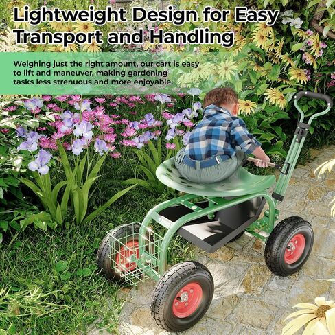 Garden Cart with Seat On Wheels Rolling Gardening Stool with Wheels Heavy Duty for Planting with 360 Degree Swivel Seat Steering Handle & Utility Tool Tray in Saudi Arabia