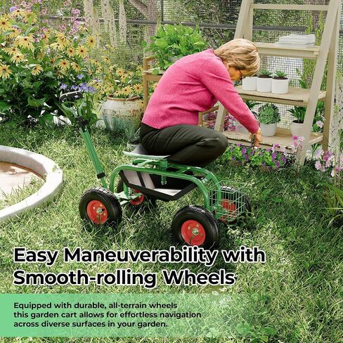 Garden Cart with Seat On Wheels Rolling Gardening Stool with Wheels Heavy Duty for Planting with 360 Degree Swivel Seat Steering Handle & Utility Tool Tray in Saudi Arabia
