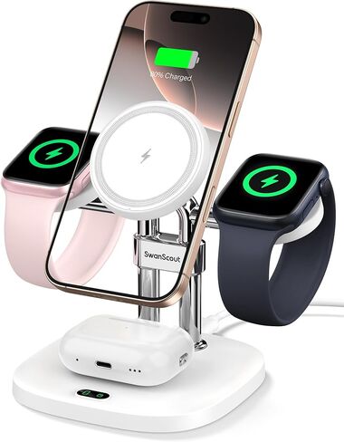 حامل شاحن مزدوج لساعة Apple، شاحن لاسلكي مغناطيسي 4 في 1 لهاتف iPhone 16 15 14 13 12، محطة شحن لساعة Apple Series 10-2/Ultra 2/SE 2، Airpods، SwanScout 709M (أسود) in Kuwait