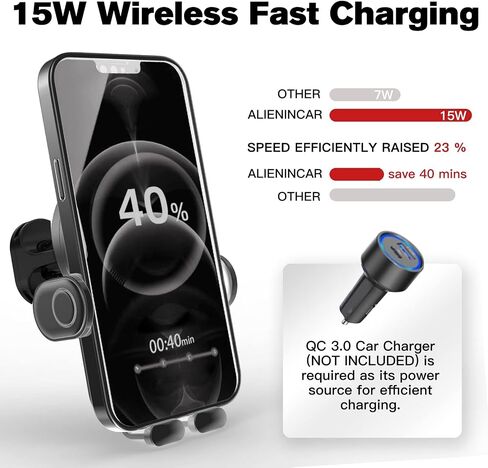 Wireless Car Charger, 15W Auto-Clamping Mount, Air Vent Charging Holder for iPhone 14/13/12/11/Pro/Xr/Xs/X/8, Samsung S22/S21/S20 (Black) in Saudi Arabia