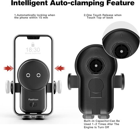 Wireless Car Charger, 15W Auto-Clamping Mount, Air Vent Charging Holder for iPhone 14/13/12/11/Pro/Xr/Xs/X/8, Samsung S22/S21/S20 (Black) in Saudi Arabia