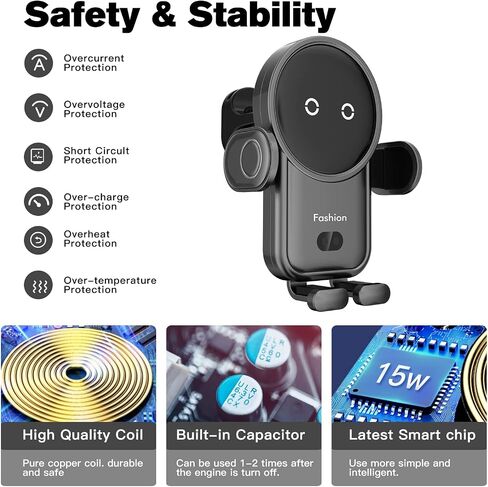 Wireless Car Charger, 15W Auto-Clamping Mount, Air Vent Charging Holder for iPhone 14/13/12/11/Pro/Xr/Xs/X/8, Samsung S22/S21/S20 (Black) in Saudi Arabia