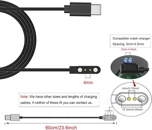 Charger for GloryFit T80 T70 T60 T50 P99 P98 Smart Watch, [Pin Spacing 4mm] USB-C Magnetic Charging Cable for Puqo T80, CASCHO T70/P98, Matast T60/P99, uaue T60/T50, Tikland T60/P98 Smartwatch(Type-C) in Kuwait