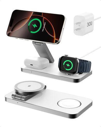 محطة شحن لاسلكية قابلة للطي 3 في 1، شاحن لاسلكي معتمد من Qi2 بقدرة 15 وات لأجهزة iPhone Magsafe، حامل شاحن مغناطيسي 3 في 1 لأجهزة iPhone 16/15/14/13/12 وساعة Apple وAirpods. (يتضمن محول 30 وات) in Saudi Arabia
