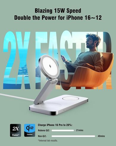 محطة شحن لاسلكية قابلة للطي 3 في 1، شاحن لاسلكي معتمد من Qi2 بقدرة 15 وات لأجهزة iPhone Magsafe، حامل شاحن مغناطيسي 3 في 1 لأجهزة iPhone 16/15/14/13/12 وساعة Apple وAirpods. (يتضمن محول 30 وات) in Saudi Arabia