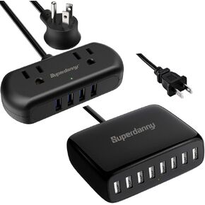 SUPERDANNY 6-in-1 USB Power Strip with 2 Outlets & 4 USBs and 8-Port Charging Station, Black