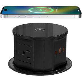 Pop up Outlet for Countertop with Wireless Charger,45W USB C Port, 4.7'' Diameter Round Pop Up Counter Outlet with AC Outlets,USB Ports,Hidden Outlet,Pop Out Outlet