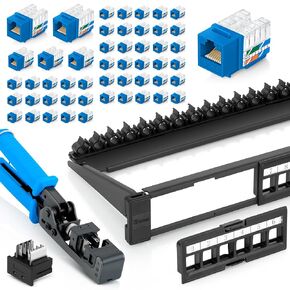 Bundle – 4 Items: 24 Port Keystone Patch Panel (1-Pack) + 90° Angled Speed Termination Tool (easyJACK) + Replacement Head + 90° Angled RJ45 Cat6 Keystone Jacks in Blue (50 Pack)