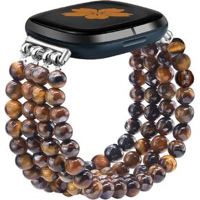 Natural Stone Beaded Bracelet Watch Band Women for Fitbit Versa 4/Versa 3/Sense 2/Sense Bands Feminine Cute Handmade Boho Elastic Stretch Strap Replacement Agate Healing Stones Wristband