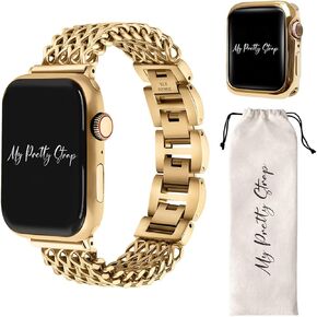My Pretty Strap Gold Apple Watch Band & Glossy XOXO Protective Case Bundle – Elegant Stainless Steel Strap & Luxury Metal Cover for Apple Watch Series 1-10, SE & Ultra (38MM/40MM/41MM) Mermaid