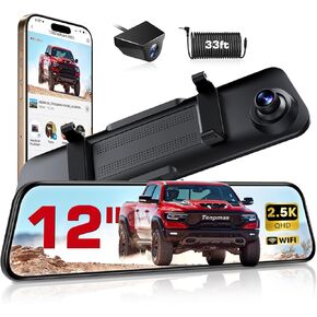 12 "WIFI Mirror Dash Cam 2.5k عرض خلفي مرآة مرآة مرآة كاميرا داش الكاميرا الأمامية والخلفية للكاميرا الاحتياطية للسيارة مقاومة للماء 1080p الكاميرا الخلفية WDR حلقة رؤية GD