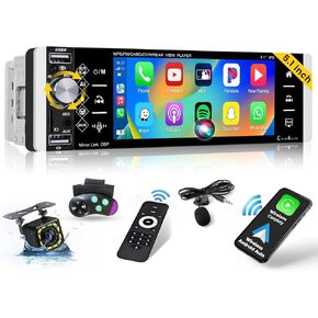 5.1 Inch Single Din Car Stereo with Wireless Carplay Android Auto, HD Touchscreen Radio Receiver with Bluetooth FM/AM/RDS EQ SWC Mirror Link AUX/TF/USB Port with Backup Camera MIC