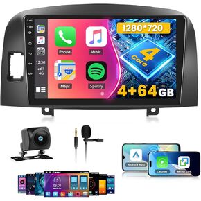 【4+64GB】 Double din for Hyundai Sonata 2004-2008 9 inch Car Stereo with Android Auto, 1080P Touch Screen Radio Bluetooth/FM/SWC/Mirror Link Backup Camera MIC