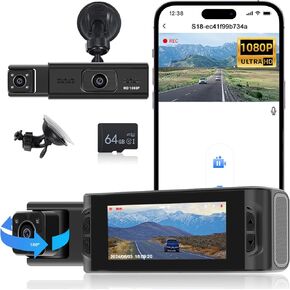 EKAT 3 Channel Dash Cam, Triple Camera - 1080P WiFi Dash Cam Front with WDR, G-Sensor, 24Hr Parking, Loop Recording, Night Vision + 64GB Card