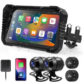 Motorcycle Carplay Support Wireless CarPlay & Android Auto, 6.25’’ Waterproof Touchscreen, Motorcycle Dash Cam Front and Rear with TPMS, GPS, WiFi, Loop Recording (Upgraded - with BSD Function)