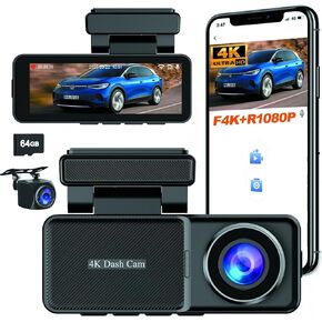 Dash Cam Front 4K & Rear 1080P, Wireless WiFi Car Camera, Night Vision DVR, 2160P HD Recording, 24H Parking Monitor, 3" IPS Display, Free 64GB Card, Mini Dashboard Camera for Cars