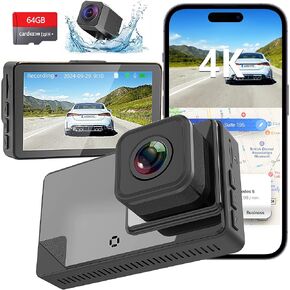 4K Dash Cam الأمامي والخلفي ، 2160p+1080p uhd dual camera للسيارات ، وبطاقة 64 جيجابايت مجانية ، مع Wi-Fi و GPS ، الرؤية الليلية الفائقة ، شاشة 3 '' IPS ، مستجلة g ، زاوية واسعة 160 درجة ، 24 ساعة وضع وقوف السيارات